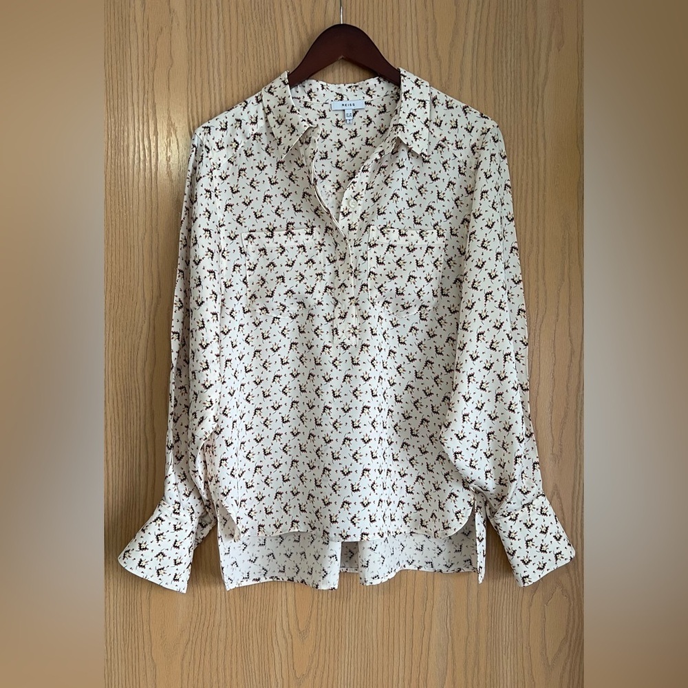 Reiss | Women’s SZ 6 | Pia Blouse | Tetris Print Cream Long Sleeve | NWOT